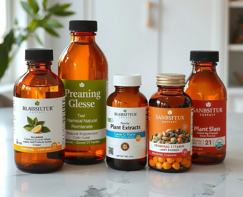 Premium natural supplements in elegant bottles showcasing purity and quality